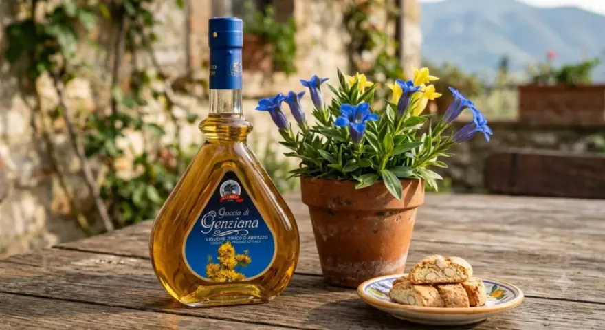 Liquore Genziana Abruzzo, con fiori blu e gialli, biscotti e sfondo di pietra.