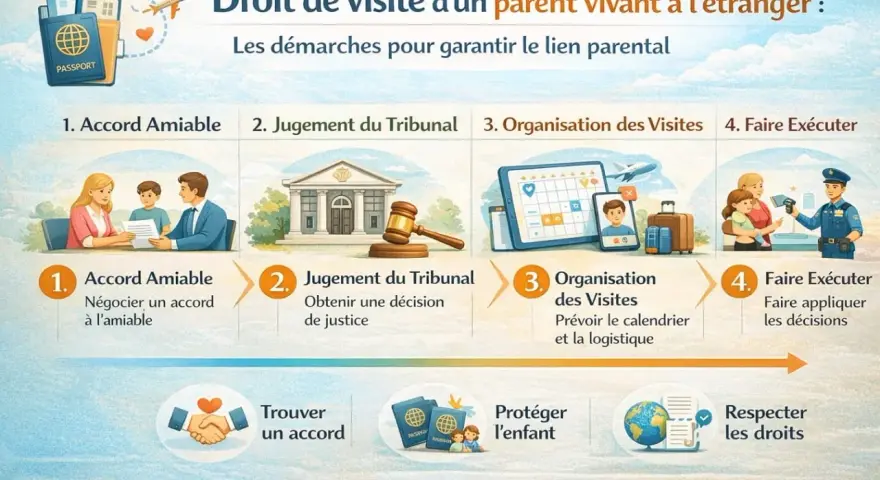 Schéma expliquant le droit de visite d'un parent à l'étranger : accord amiable, jugement, organisation et exécution. Le droit de visite obligatoire jusqu'à quel âge n'est pas précisé.