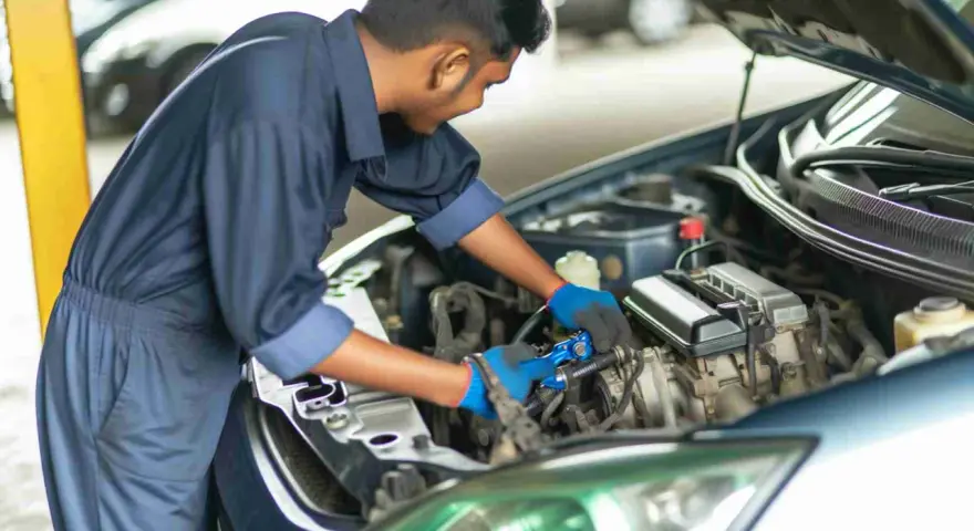 Mechaniker arbeitet am Motor. Er prüft die Kraftstoffpumpe, um die Kraftstoffpumpe Kosten zu ermitteln.