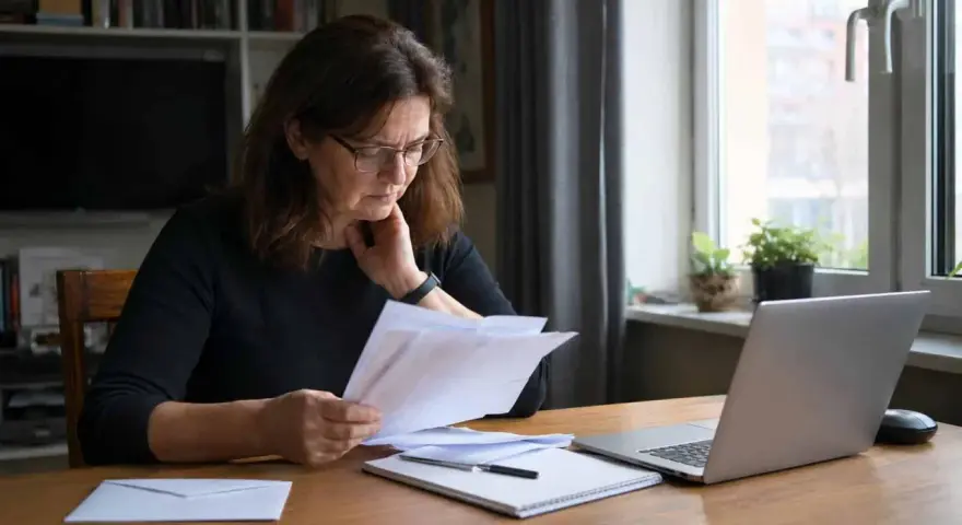 Kobieta analizuje dokumenty, być może dotyczące sprzedanego długu przedawnionego. Na stole laptop i koperta.