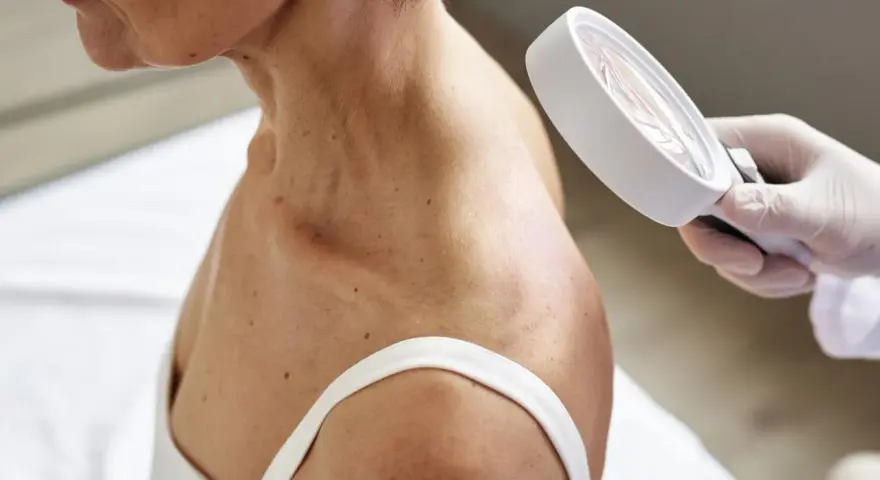 Dermatolog ogląda skórę szyi i ramion pacjentki przez lupę.