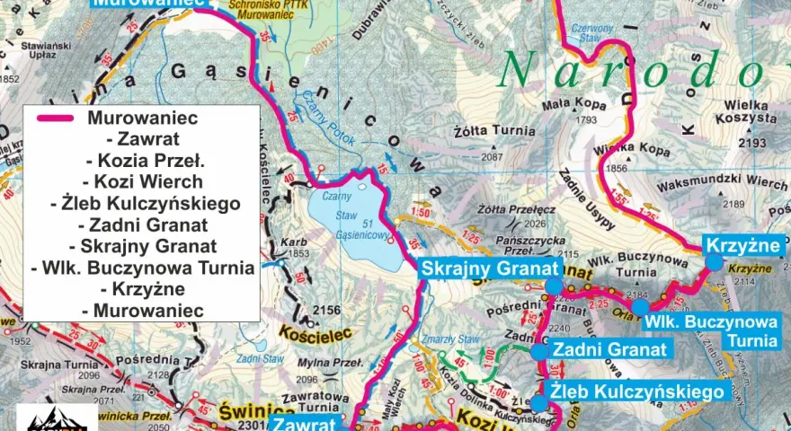 Mapa szlaków Orla Perć: Murowaniec, Zawrat, Kozi Wierch, Zadni Granat, Krzyżne i inne szczyty.