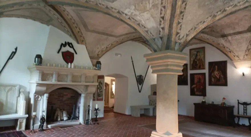 Wnętrze pałacu w Ciechanowicach z kamiennym kominkiem, malowanym sklepieniem i portretami na ścianach.