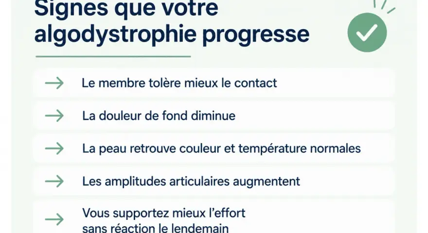 Signes d'amélioration de l'algodystrophie : membre tolérant mieux le contact, douleur diminuée, peau normale, amplitudes articulaires accrues, meilleure tolérance à l'effort.