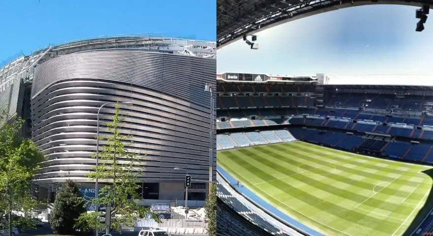 Nowy stadion Realu Madryt w budowie i gotowy do gry. Futurystyczna fasada i zielona murawa Santiago Bernabéu.