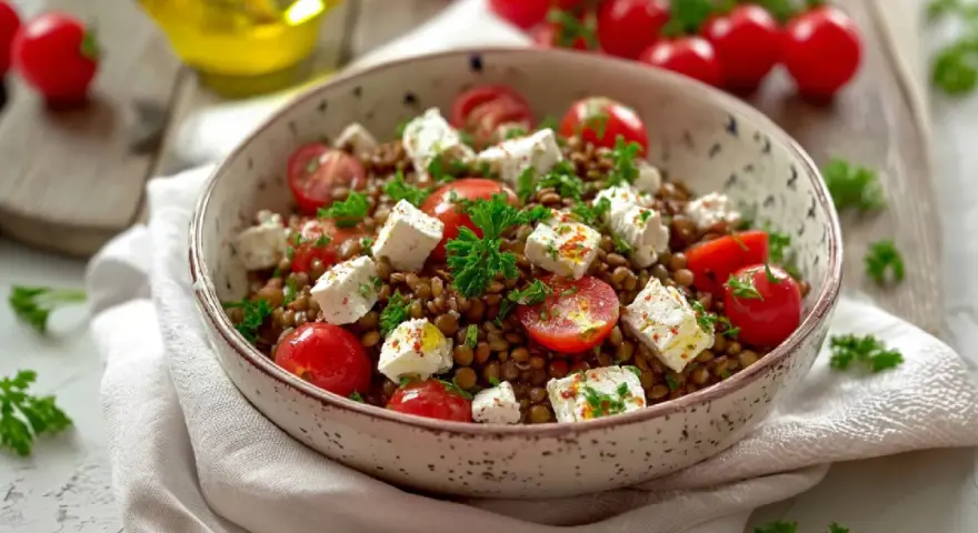 Ein köstlicher Linsensalat mit Feta, Kirschtomaten und frischer Petersilie, garniert mit Gewürzen.