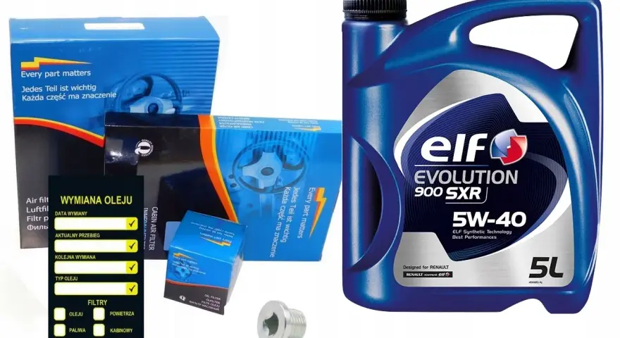 Olej Elf Evolution 900 SXR 5W-40 5L, idealny do silnika MWM Renault. Zestaw zawiera filtry i akcesoria.