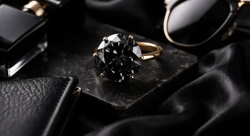 Elegancki pierścionek z czarnym kamieniem szlachetnym, obok flakonika perfum i okularów. Czarne kamienie szlachetne nazwy: diament, spinel, turmalin.