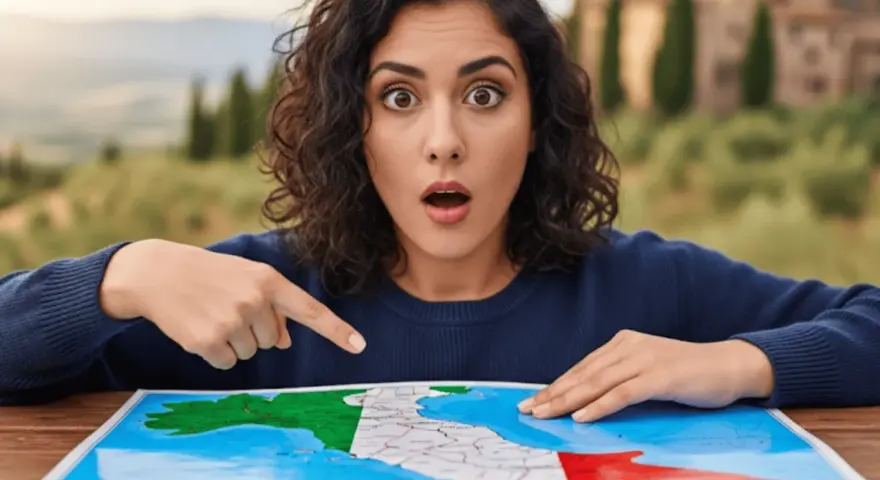 Mujer sorprendida señalando un mapa de Italia con la bandera italiana.