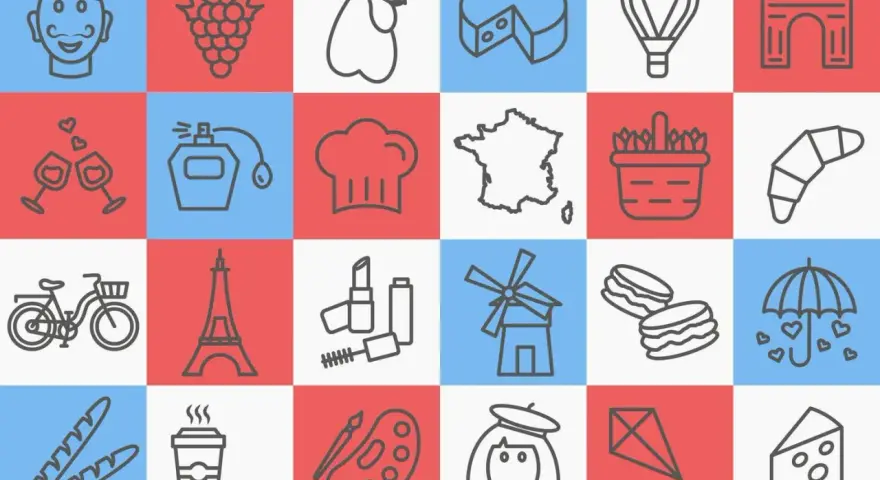Iconos que representan el logo de Francia: Torre Eiffel, baguette, queso, macaron, gorro de chef, mapa de Francia, y más.