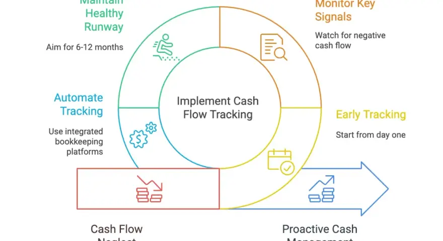 Diagram showing startup cash flow forecast cycle: Implement tracking, early tracking, monitor signals, maintain runway, automate tracking, and the consequences of neglect vs. proactive management.