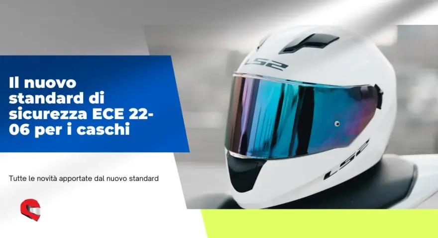 Casco bianco con visiera blu riflettente, simbolo del nuovo standard di sicurezza ECE 22-06 per i caschi.