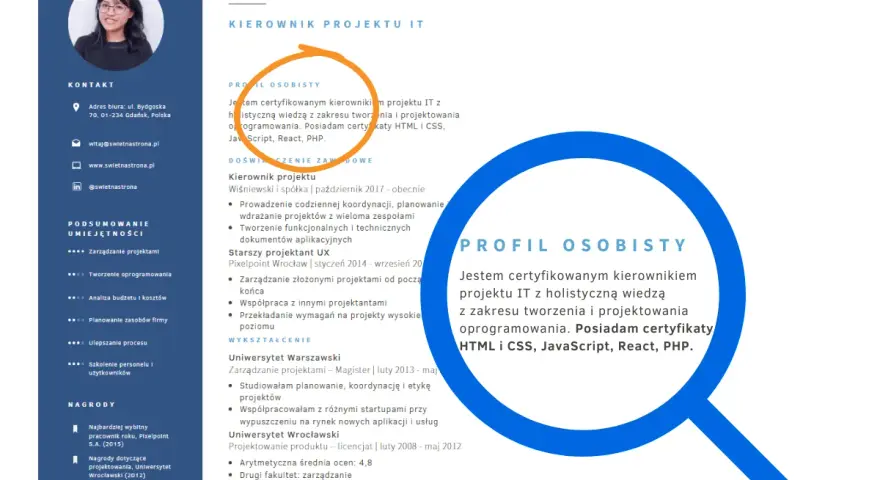 Profil osobisty: certyfikaty w CV potwierdzają moje umiejętności w tworzeniu i projektowaniu oprogramowania.