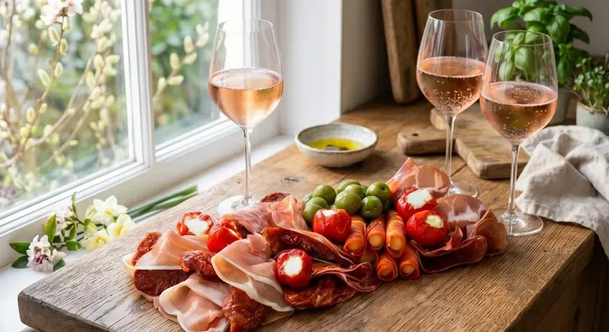 En härlig bricka med charkuterier, oliver och fyllda paprikor, perfekt mat till Valborg. Rosévin i glasen skapar festlig stämning.