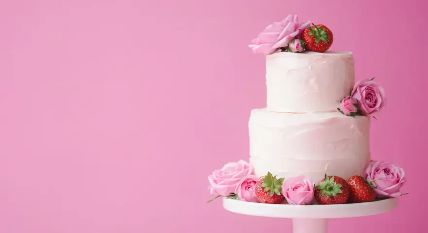 En vacker tvåvåningstårta med rosa frosting, dekorerad med rosor och jordgubbar. Perfekt för ett sommarbröllop eller en fest. Ett enkelt tårta recept att följa.