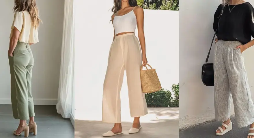 Tres looks veraniegos con pantalones anchos de vestir. El calzado perfecto para pantalones anchos de vestir varía: sandalias de tacón, mules o cuñas.