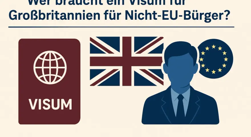 Visum für Großbritannien: Ein Nicht-EU-Bürger plant seinen Auslandsaufenthalt in England. Links ein Visum-Dokument, daneben die Union-Jack-Flagge und das EU-Symbol.