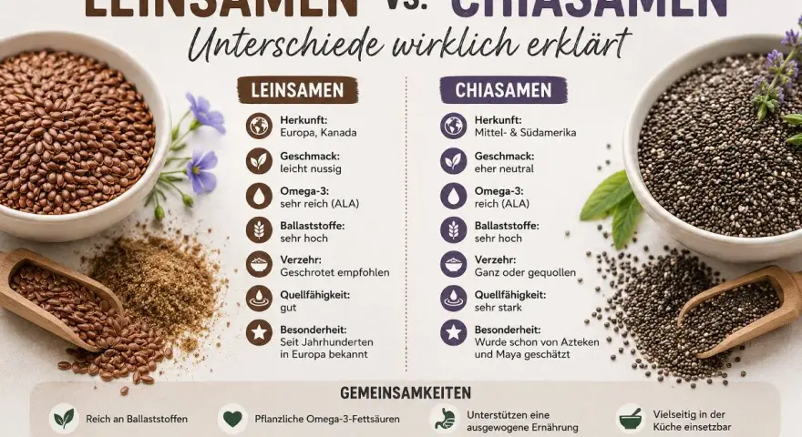 Leinsamen sind gesund und reich an Omega-3. Die Grafik vergleicht sie mit Chiasamen und zeigt ihre Vorteile für eine ausgewogene Ernährung.