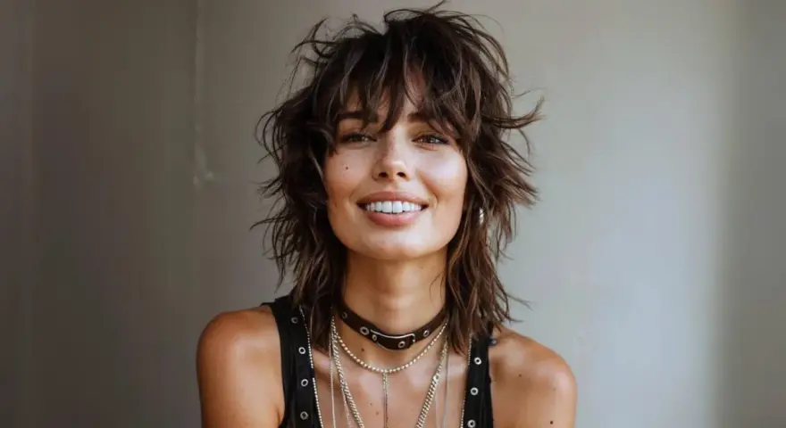 Mujer con un moderno corte mullet, sonriendo con confianza.