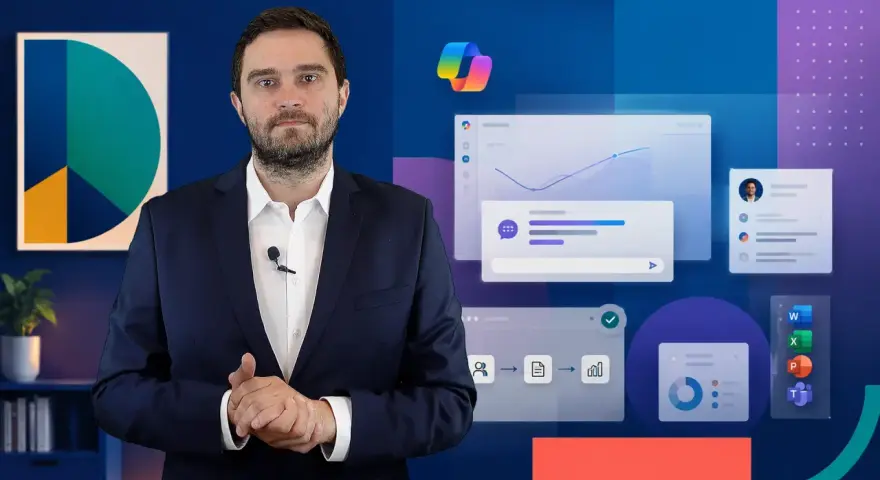 Mężczyzna w garniturze prezentuje możliwości Copilot Studio, pokazując interfejsy z wykresami i przepływami pracy.