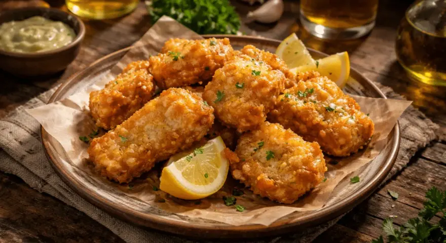 Crujientes trozos de bacalao rebozado, servidos con gajos de limón y perejil picado. Perfectos para acompañar una cerveza fría.