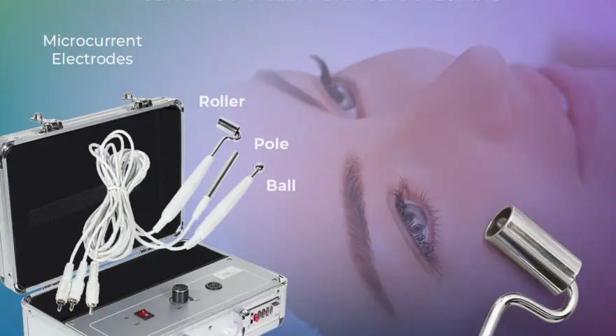 Galvanic current is used when this portable skincare machine, with its microcurrent electrodes (roller, pole, ball), is applied to the face for rejuvenation.
