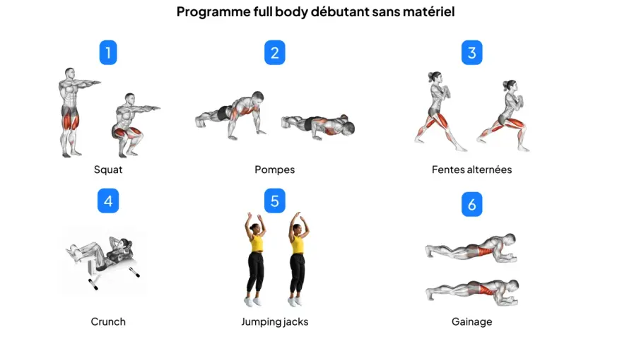 Programme de musculation maison pour débutants : squats, pompes, fentes, crunchs, jumping jacks et gainage.