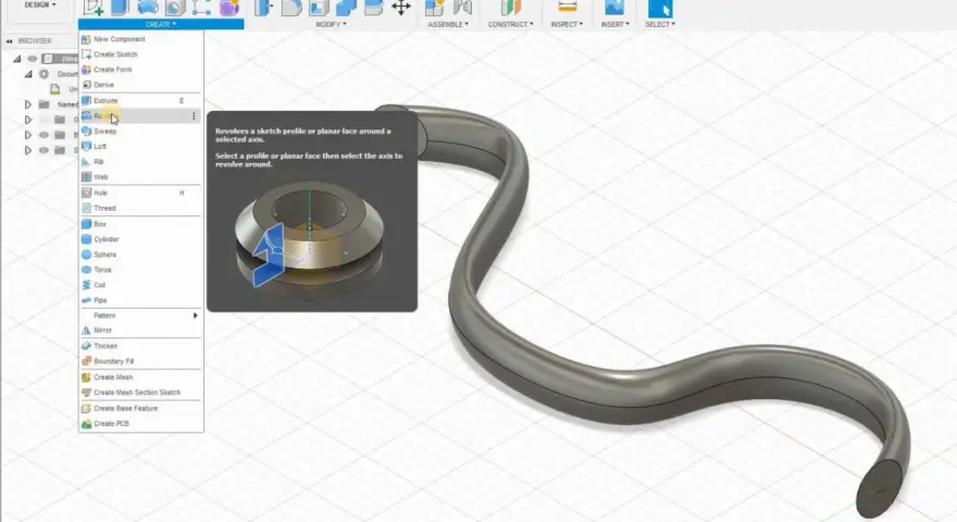 Tworzenie zakrzywionych kształtów w Fusion 360 darmowy dla hobbystów. Narzędzie "Revolve" pozwala na obracanie profilu wokół osi.