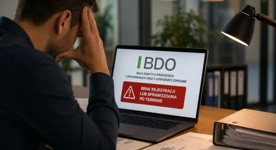 Zestresowany mężczyzna widzi na ekranie laptopa komunikat o braku rejestracji lub sprawozdania po terminie w BDO, co może wiązać się z opłatą produktową.