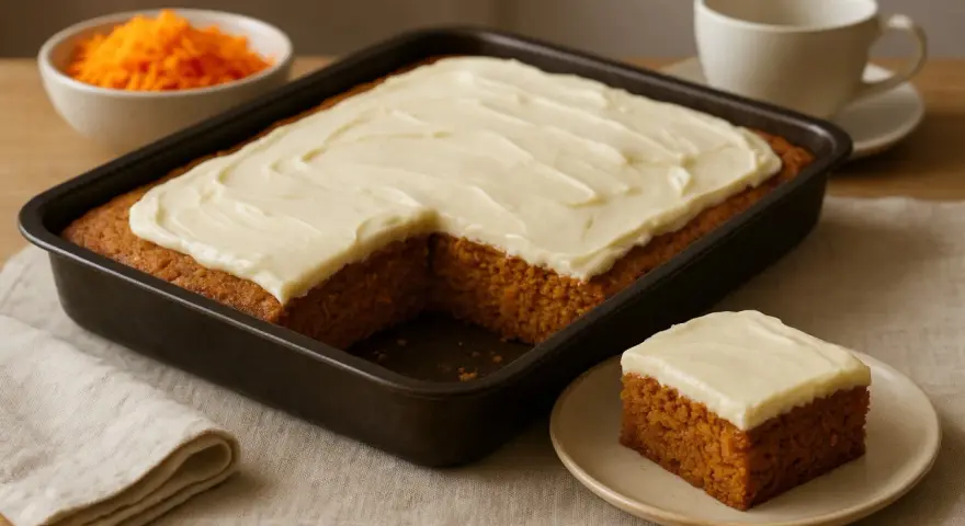 En saftig morotskaka i långpanna med krämig frosting. En bit är upplagd på en tallrik, redo att avnjutas.