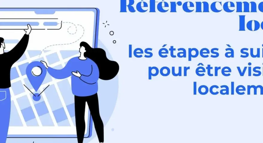 Illustration de deux personnes interagissant avec une carte sur un écran, symbolisant le référencement local Google My Business et les étapes pour être visible localement.