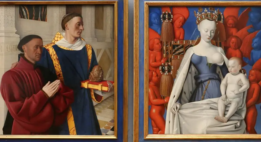 Dyptyk z Melun: po lewej modlący się mężczyzna i święty, po prawej Madonna z Dzieciątkiem otoczona przez aniołki.