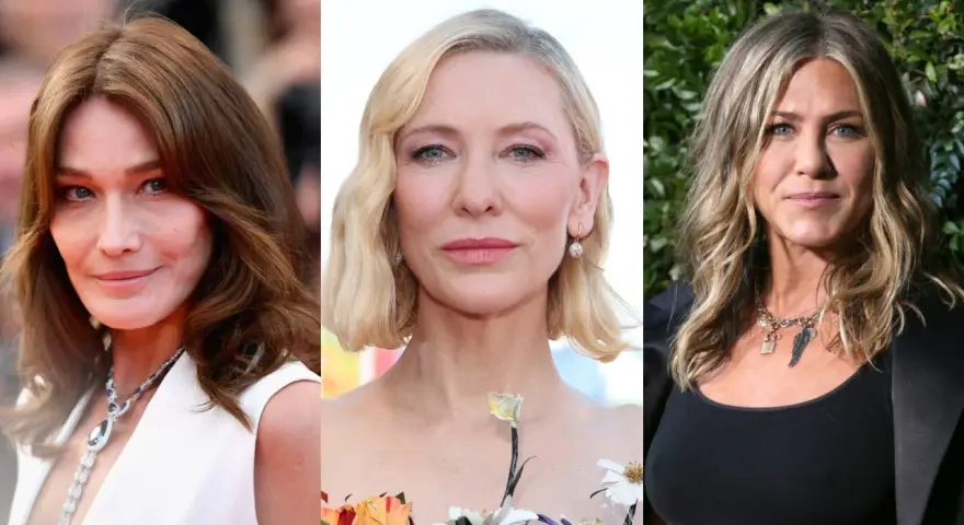 Carla Bruni, Cate Blanchett e Jennifer Aniston: ispirazioni per un taglio capelli over 50 viso lungo.