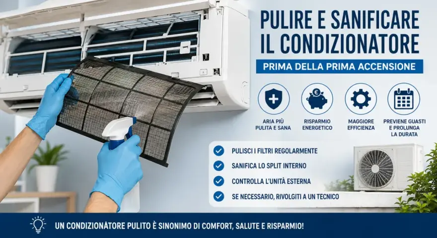 Mani con guanti blu puliscono il filtro del condizionatore con uno spray. Impara come pulire i filtri del condizionatore per aria più sana.