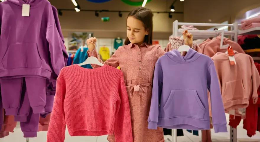 Dziewczynka wybiera ubrania. Czy rozmiar 140 będzie odpowiedni dla jej wieku?