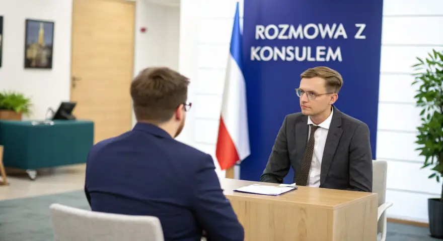 Rozmowa z konsulem. Mężczyzna w okularach i garniturze siedzi przy biurku, obok flaga.