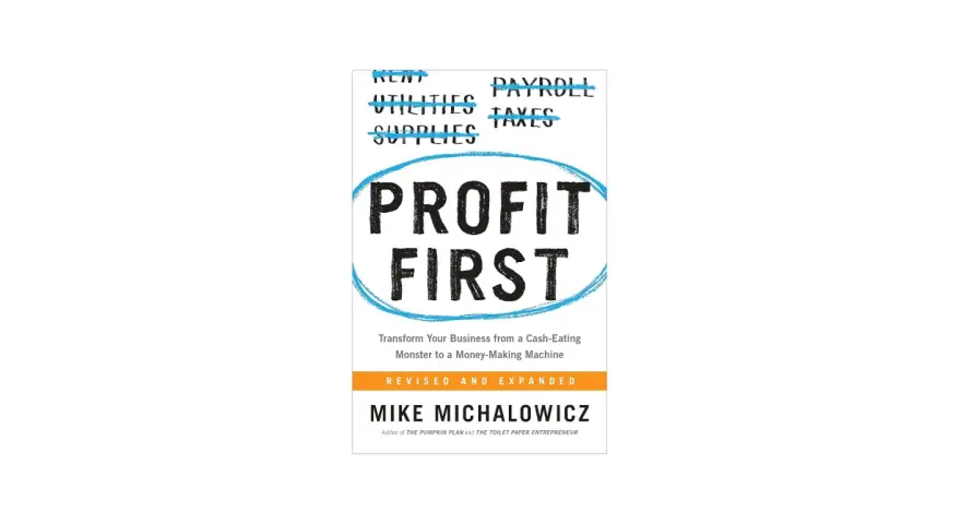 Book cover for "Profit First Method" by Mike Michalowicz. It shows "Profit First" in large letters, with expenses like rent and payroll crossed out.