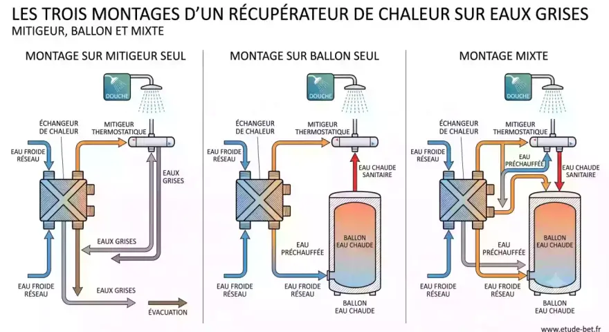 Schéma montrant trois systèmes de récupération d'eau de douche : mitigeur seul, ballon seul et mixte. L'eau grise préchauffée est réutilisée.