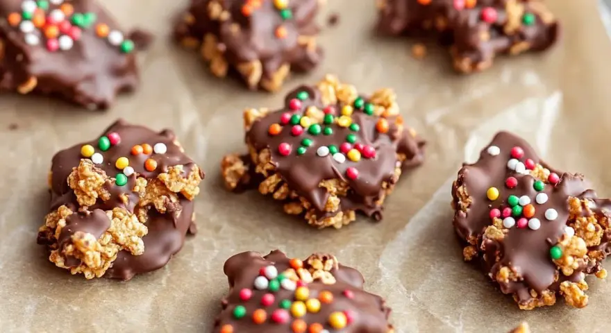 Roligt julgodis barn älskar! Krispiga chokladkakor med färgglada strössel, perfekta för julfikat.