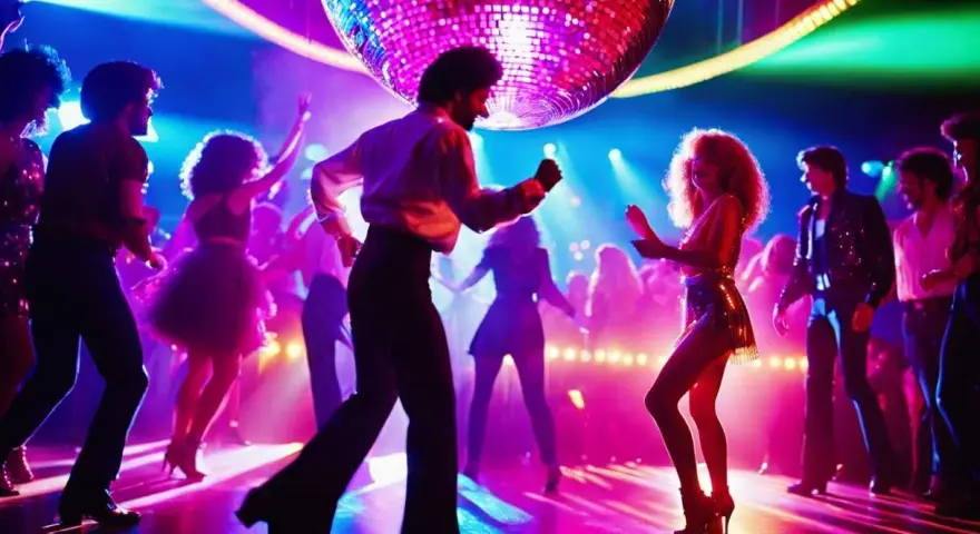 Une boule disco illumine une piste de danse où des couples dansent au rythme de la musique, évoquant l'ambiance festive de l'année disco.
