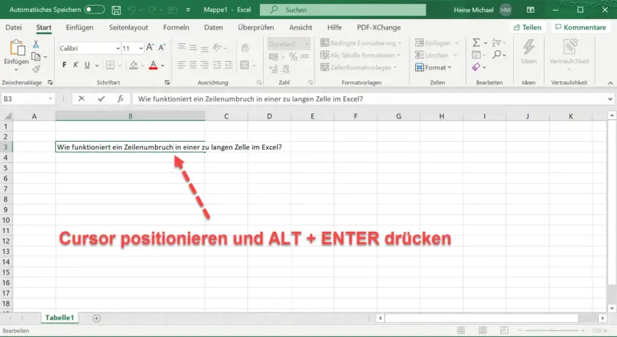 Excel: Zeilenumbruch in Zelle einfügen. Der Cursor wird in der Zelle positioniert, um einen Zeilenumbruch zu erzwingen.