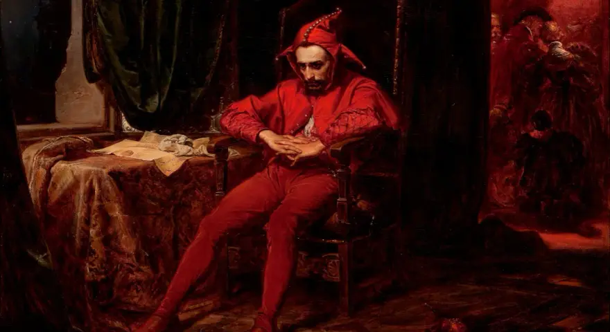 Smutny błazen w czerwonym stroju siedzi na krześle. To jedno z wielu poruszających jan matejko obrazy, ukazujące ludzkie emocje.