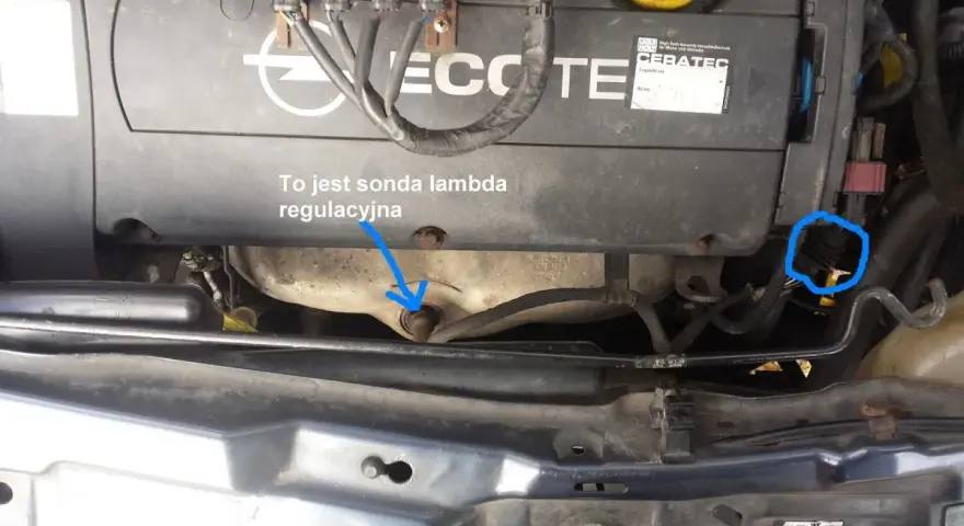 Silnik Opla z zaznaczoną sondą lambda, która może być przyczyną błędu dtc p0136.