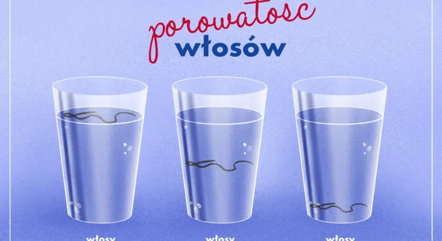 Test na porowatość włosów: włosy niskoporowate unoszą się, średnioporowate toną powoli, a wysokoporowate opadają na dno.