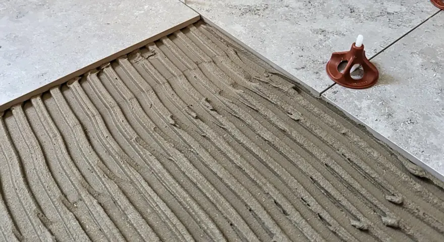 Läggning av klinker på betonggolv med fix. En del av golvet är täckt med fix, redo för nästa platta.