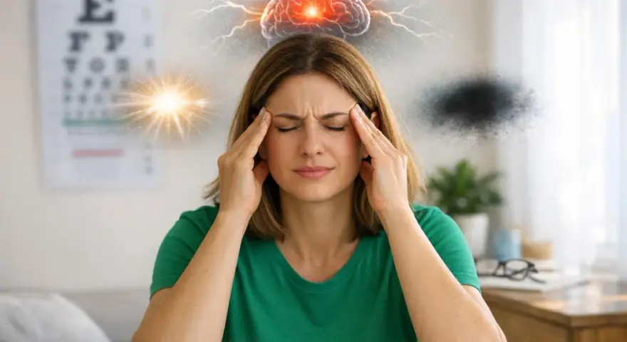 Donna con mani sulle tempie, soffre di forte stress e disturbi della vista. Il cervello è illuminato da fulmini e luci intense.