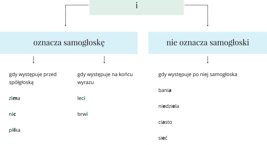 Diagram wyjaśnia, kiedy litera "i" oznacza samogłoskę (np. w słowach bez samogłosek jak "zima", "nic", "piłka", "leci", "brwi") a kiedy nie (np. w "bania", "niedziela", "ciasto", "sieć").