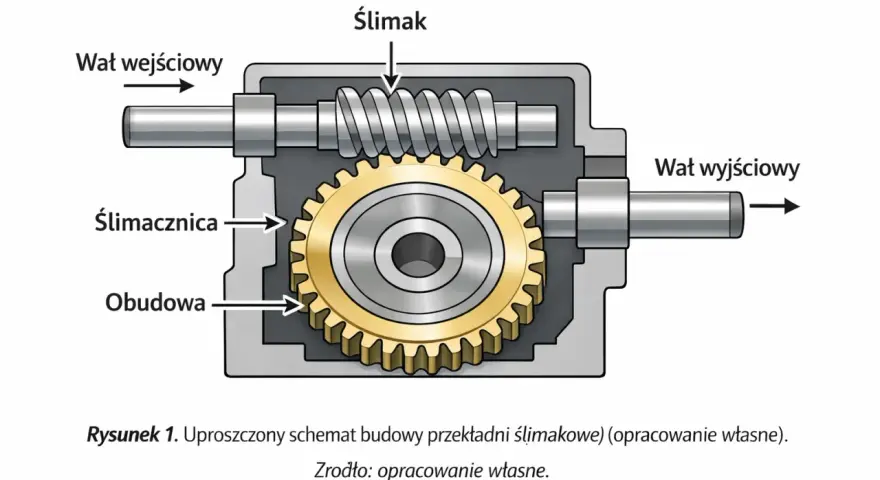 Schemat przekładni do łuparki: wał wejściowy, ślimak, ślimacznica, wał wyjściowy w obudowie.