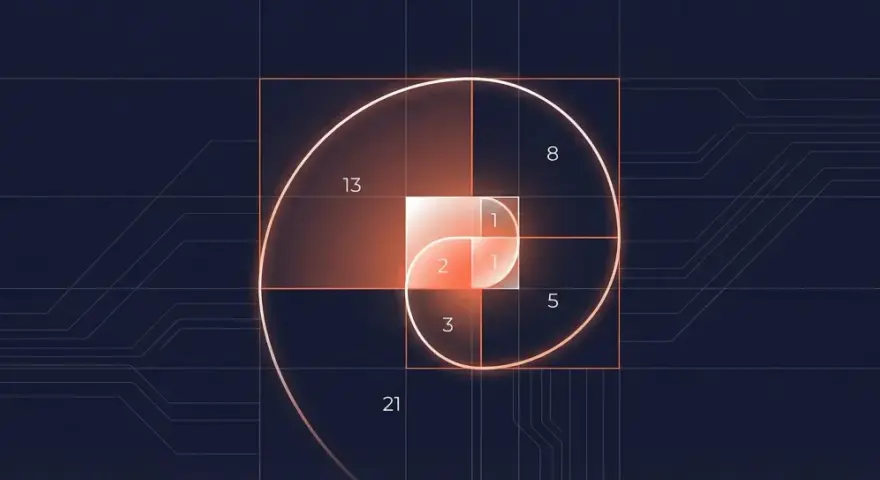 Die Fibonacci-Folge visualisiert sich in einem goldenen Schnitt-Spiralmuster, das sich von kleinen Quadraten zu größeren entwickelt.