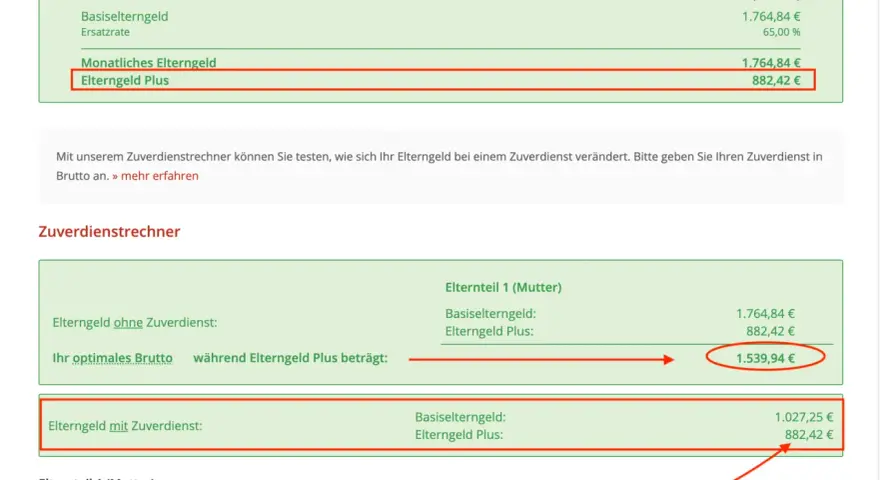 Elterngeld Plus: Wie viel dazuverdienen ohne Abzug? Der Rechner zeigt, dass bei 1250€ Bruttoverdienst das Elterngeld Plus weiterhin 882,42€ beträgt.